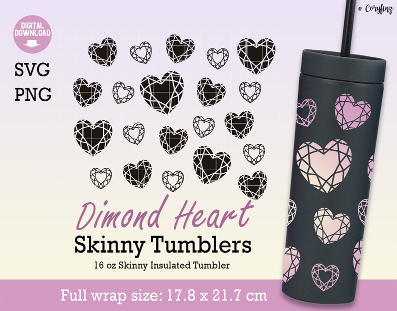 May include: A digital download of 16 ounce skinny insulated tumbler designs featuring a diamond heart pattern. The design is available in black and pink.