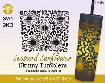 May include: A black and gold skinny tumbler with a sunflower and leopard print design. The image also shows a digital design with a leopard and sunflower pattern, and the text "Leopard Sunflower Skinny Tumblers".
