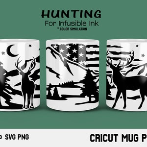 Cricut mug press svg Diseño para hoja de tinta infusible, caza svg, ciervo svg, bandera angustiada svg, bosque svg, escena de ciervo svg, camping svg