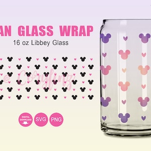 May include: A clear 473 ml Libbey glass can wrap. It features a pattern of black Mickey Mouse silhouettes and small pink hearts. The design includes the text "CAN GLASS WRAP" and "16 oz Libbey Glass".