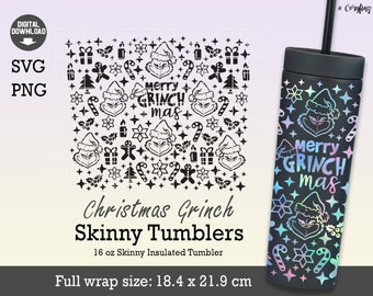 May include: Black skinny tumbler with a holographic design featuring the Grinch, candy canes, and snowflakes. The tumbler has the text "Merry Grinchmas." The design is also available as a digital download. The full wrap size is 18.4 x 21.9 cm.