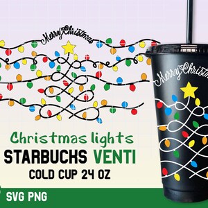May include: A black Starbucks Venti cold cup with a design of white Christmas lights and the text "Merry Christmas". The design features a star at the top of the lights.