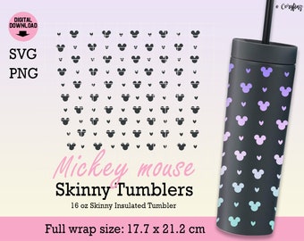 Patrón de cabeza de ratón con corazones, envoltura SVG completa para vaso delgado de 16 oz, calcomanía de orejas, envoltura de vaso de tres círculos, descarga digital para Cricut