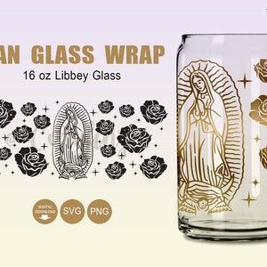 Virgen de Guadalupe con Roses Glass Wrap Svg, 16oz Libbey Full Wrap Svg, Mother mary svg, Mexican SVG, Instant download File for Cricut