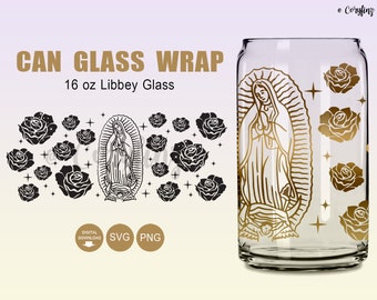 Virgen de Guadalupe with Roses Glass Wrap Svg, 16oz Libbey Full Wrap Svg, Mother mary svg, Mexican SVG, Instant download File for Cricut