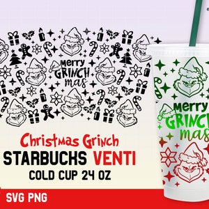 Puede incluir: Un diseño en blanco y negro con el Grinch, árboles de Navidad, bastones de caramelo y estrellas. El diseño es para un vaso frío Starbucks Venti de 24 onzas. El texto "Merry Grinch mas" está incluido en el diseño.