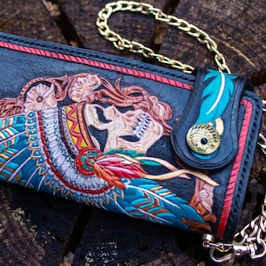 Cartera de motociclista tallada en cuero hecha a mano, cartera de motociclista para hombre con calavera india, cartera de motociclista de cuero, cartera larga con calavera gótica, cartera con herramientas