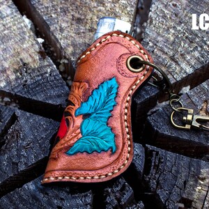 Handmade Leather Carving Lighter Case,Hand tooled Lighter Case,Personalized Lighter cover,Western & cowboy lighter case,Lighter Case Keyring image 4