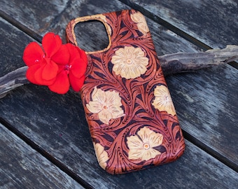 Custom Tooled Leather Phone Case| Handmade Leather iPhone cover | Western floral tooled phone case | leather carved phone holster case,