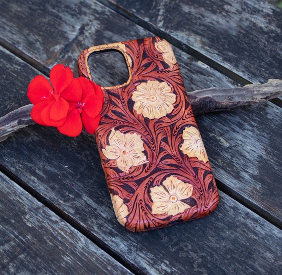 Custom Tooled Leather Phone Case| Handmade Leather iPhone cover | Western floral tooled phone case | leather carved phone holster case,