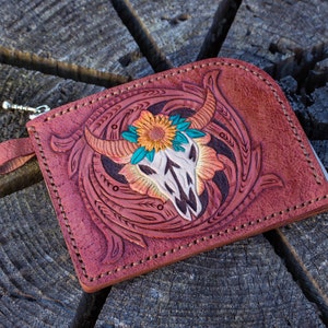 Portefeuille fait main avec fermeture en L | Portefeuille en cuir avec demi-zip | Portefeuille personnalisé | Porte-monnaie en cuir | Longue tête de mort bohème Portefeuille homme et femme | Cadeau