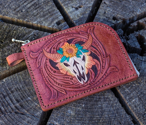 Handmade L Shaped Fastener Walletleather Tooled Half-zip 