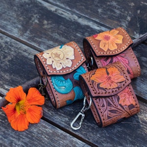 Tooled Leather AirPod Case: Handmade Floral Carved Keychain Cover