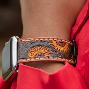 Custom Design Sunflower Tooled & Painted Leather Watch Band,Leathe carved Apple Watch Band,Handmade Custom  apple Watch Strap, Personalized