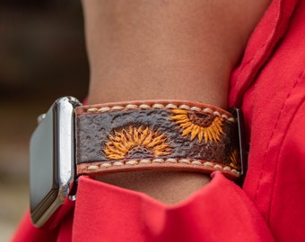 Custom  Sunflower Tooled & Painted Leather Watch Band, Leather-carved Apple Watch Band,Handmade Custom apple Watch Strap, Personalized Gift