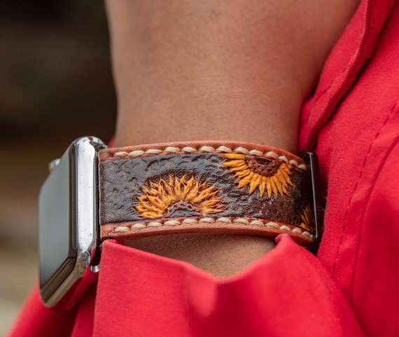 Custom Sunflower Tooled & Painted Leather Watch Band, Leather-carved Apple Watch Band,Handmade Custom apple Watch Strap, Personalized Gift