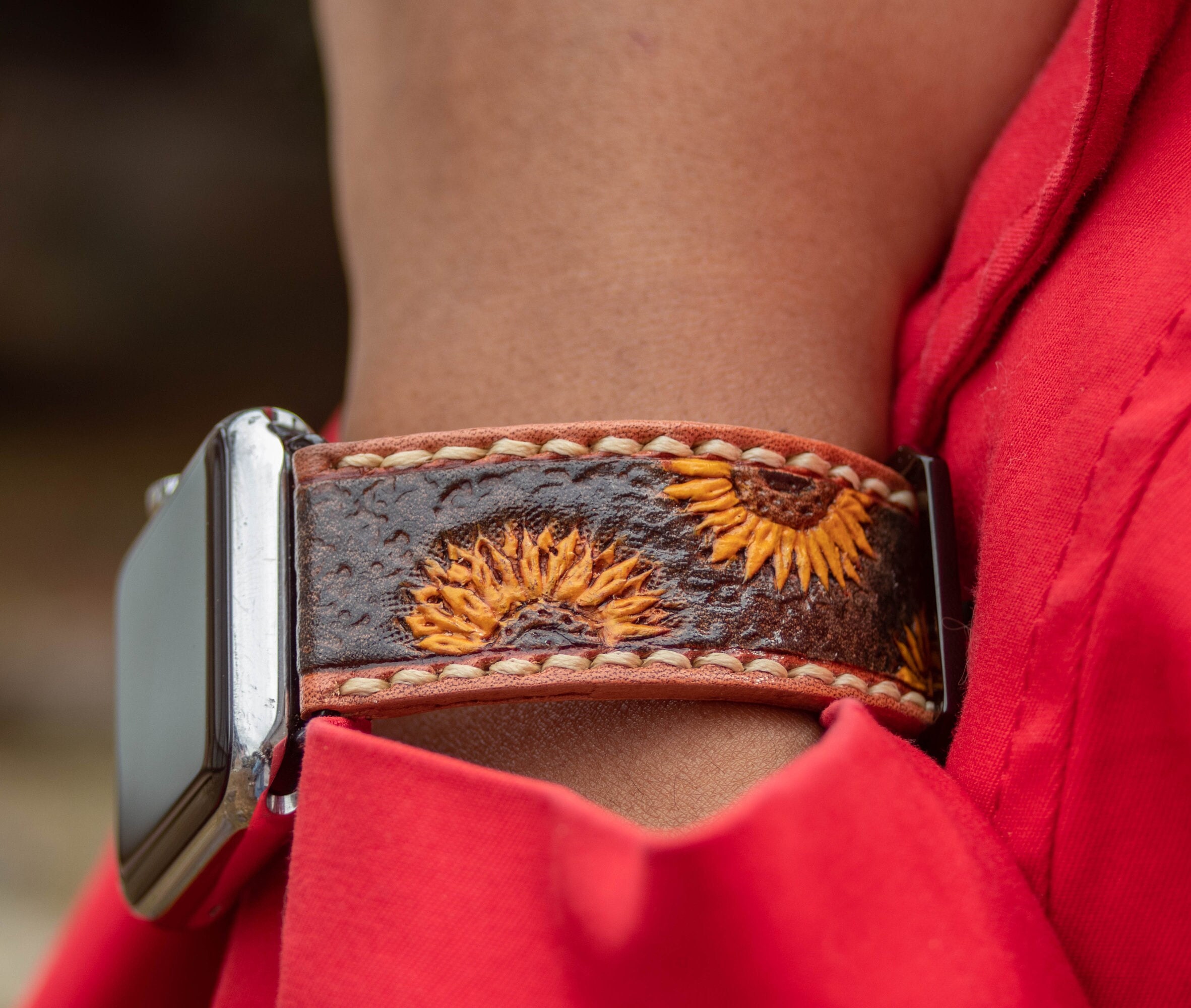 Brand new never worn leather Apple Watch band, bought at Cavenders. Sunflowers il_fullxfull.3801082700_fynd.jpg main image 2