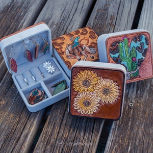 Tooled Leather Jewelry Box: Handmade Cowhide Travel Case