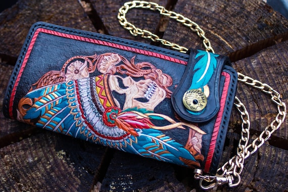 Handmade Leather Carving Biker Wallet, Indian Skull Men