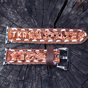 Brown cowhide leather Apple Watch band with western floral design, personalized tooled leather, buck stitching, custom initials embossed.