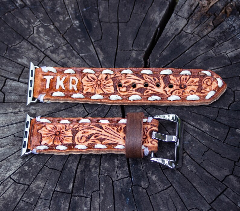 Brown cowhide leather Apple Watch band with western floral design, personalized tooled leather, buck stitching, custom initials embossed.