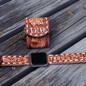 Tooled leather CUSTOM AirPod Case, Custom Design western floral Tooled & Painted Leather Watch Band, Genuine Leather AirPod, Buck stitching image 1