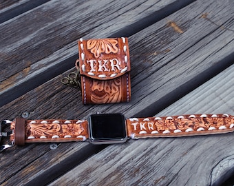 Tooled leather CUSTOM AirPod Case, Custom Design western floral Tooled & Painted Leather Watch Band, Genuine Leather AirPod, Buck stitching