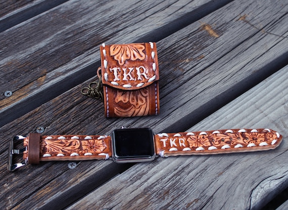 Tooled leather CUSTOM AirPod Case, Custom Design western floral Tooled & Painted Leather Watch Band, Genuine Leather AirPod, Buck stitching