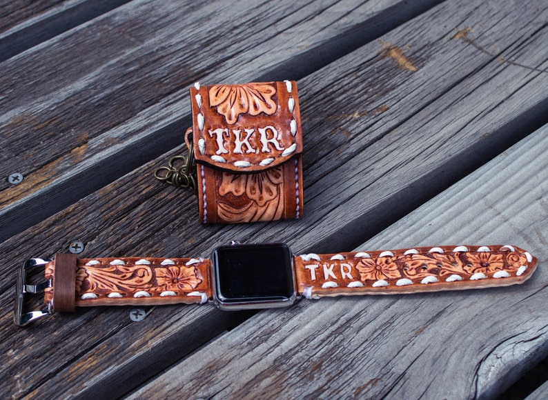 Tooled leather CUSTOM AirPod Case, Custom Design western floral Tooled & Painted Leather Watch Band, Genuine Leather AirPod, Buck stitching image 1