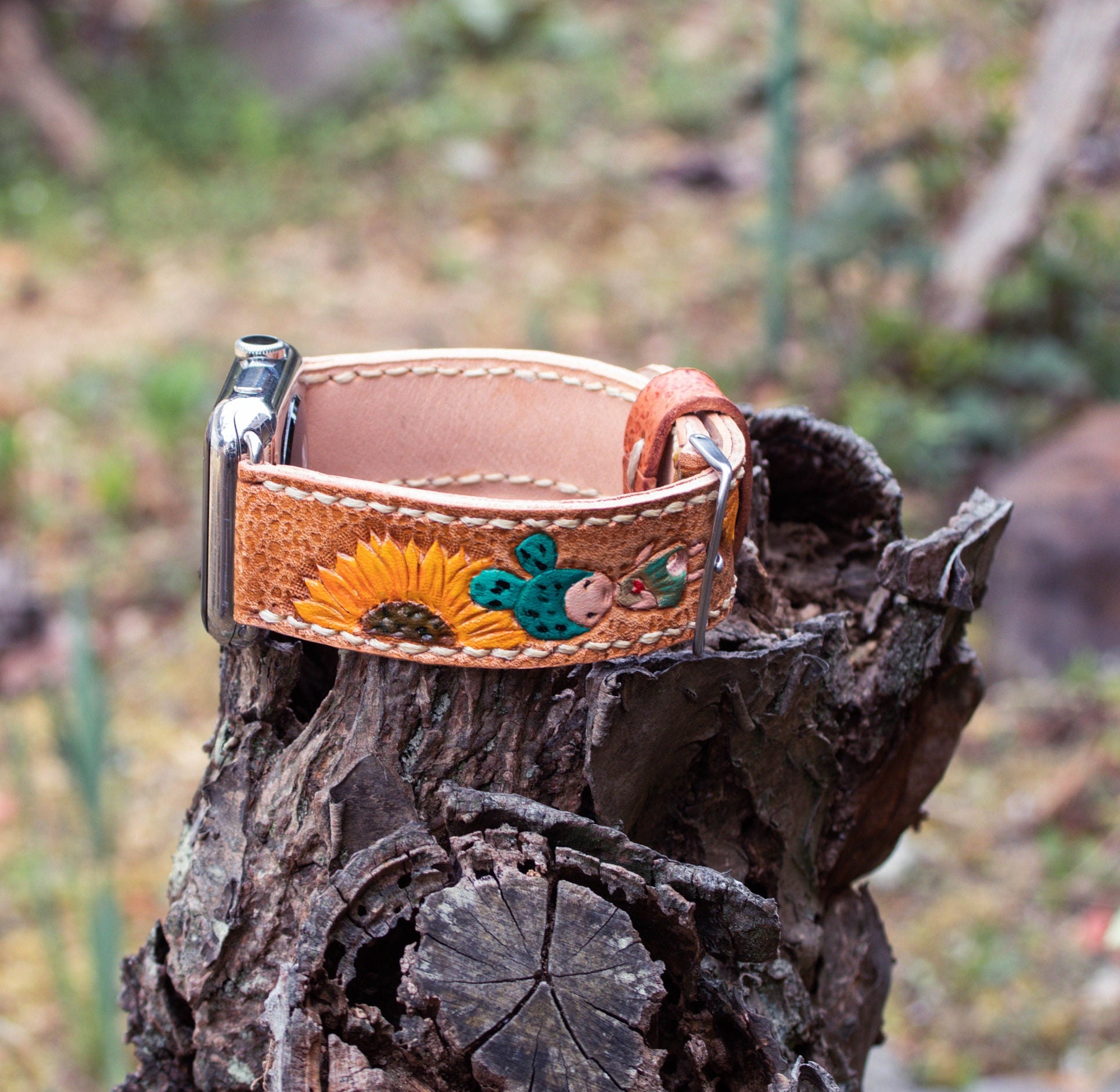 Handmade Sunflower Tooled Leather Apple Watch Band, Custom  display picture 2
