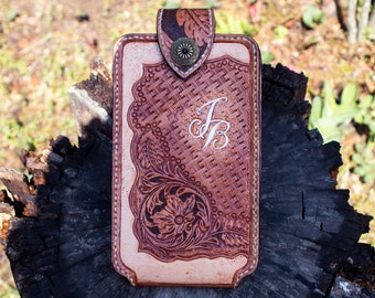 Custom Tooled Leather Phone Holster| Western floral Cell Phone cover|Cowboy phone Holder |Smart Phone Holster|Fatheres day gift |Prsonalized