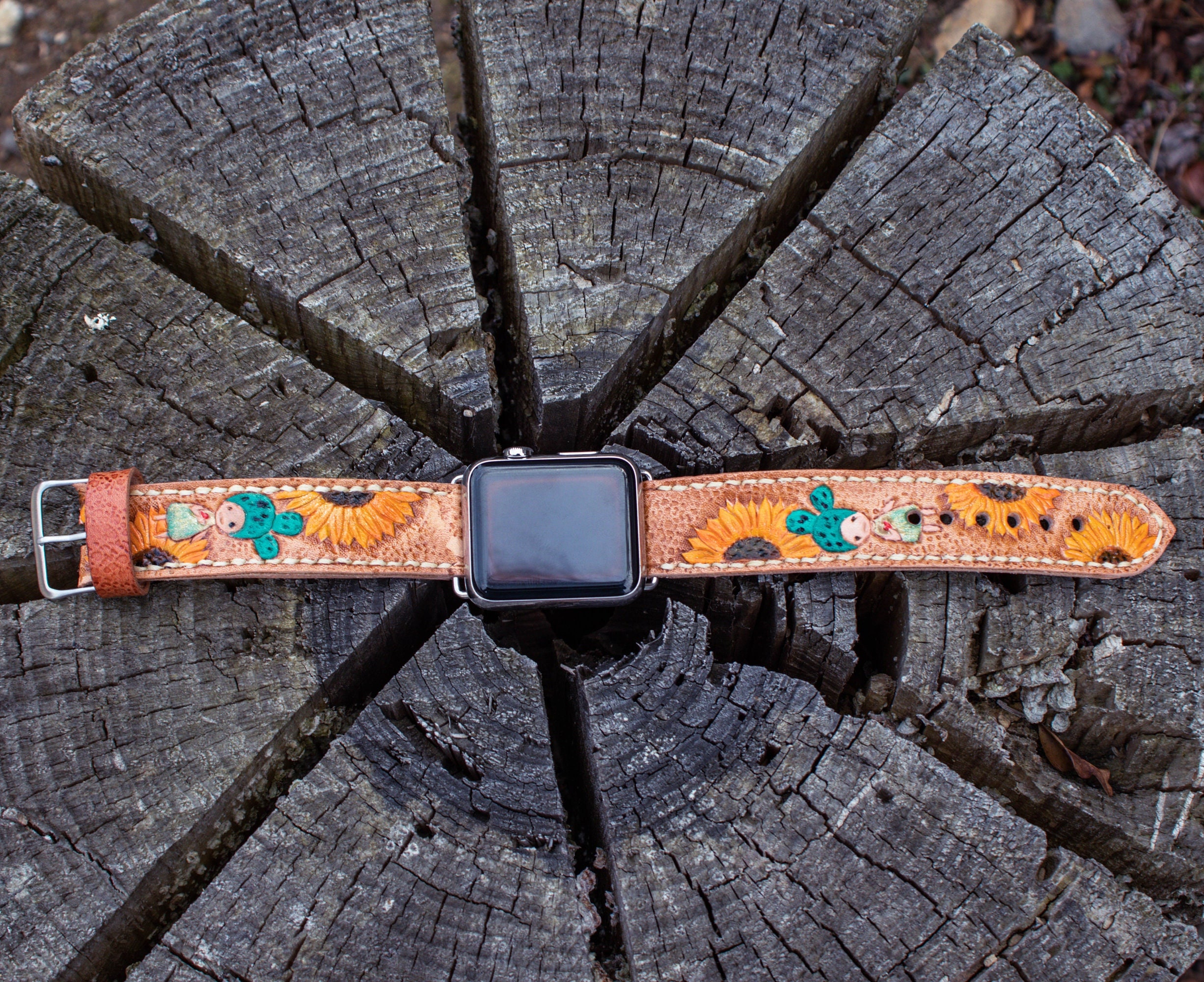 Handmade Sunflower Tooled Leather Apple Watch Band, Custom  display picture 3