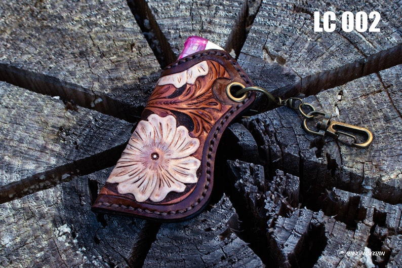Handmade Leather Carving Lighter Case,Hand tooled Lighter Case,Personalized Lighter cover,Western & cowboy lighter case,Lighter Case Keyring image 2