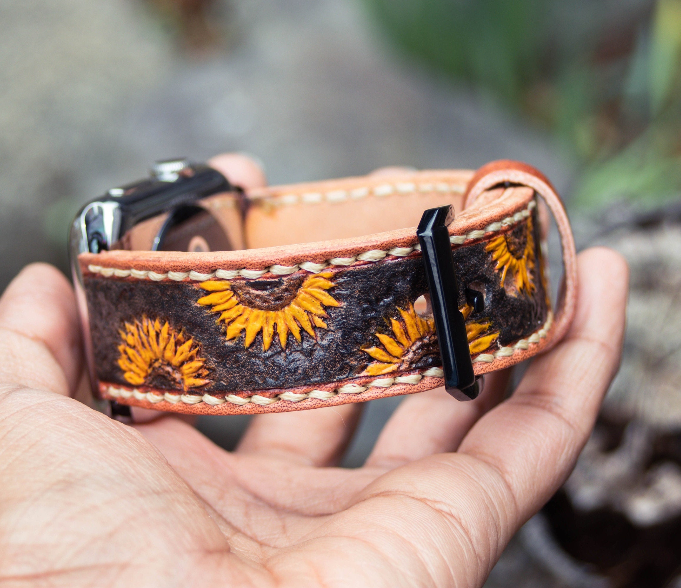 Brand new never worn leather Apple Watch band, bought at Cavenders. Sunflowers Custom Sunflower Tooled & Painted Leather Watch Band  main image 3