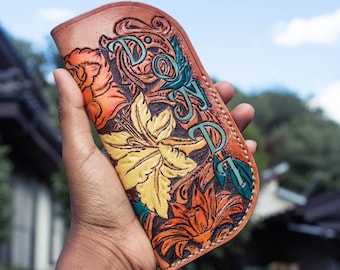 Tooled Leather Glasses Case: Handmade Floral Carved Sunglass Holder, custom Leather carved sunglass case, Reading glasses leather case,