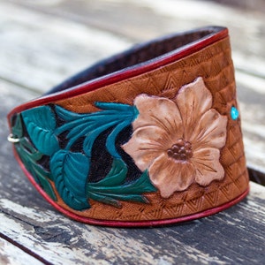 Hand Tooled Leather Cuff: Western Floral, Adjustable Bracelet