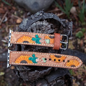 Custom Design Sunflower Tooled & Painted Leather Watch Band,Leathe carved Cactus Apple Watch Band,Handmade Custom  apple Watch Strap,Custom