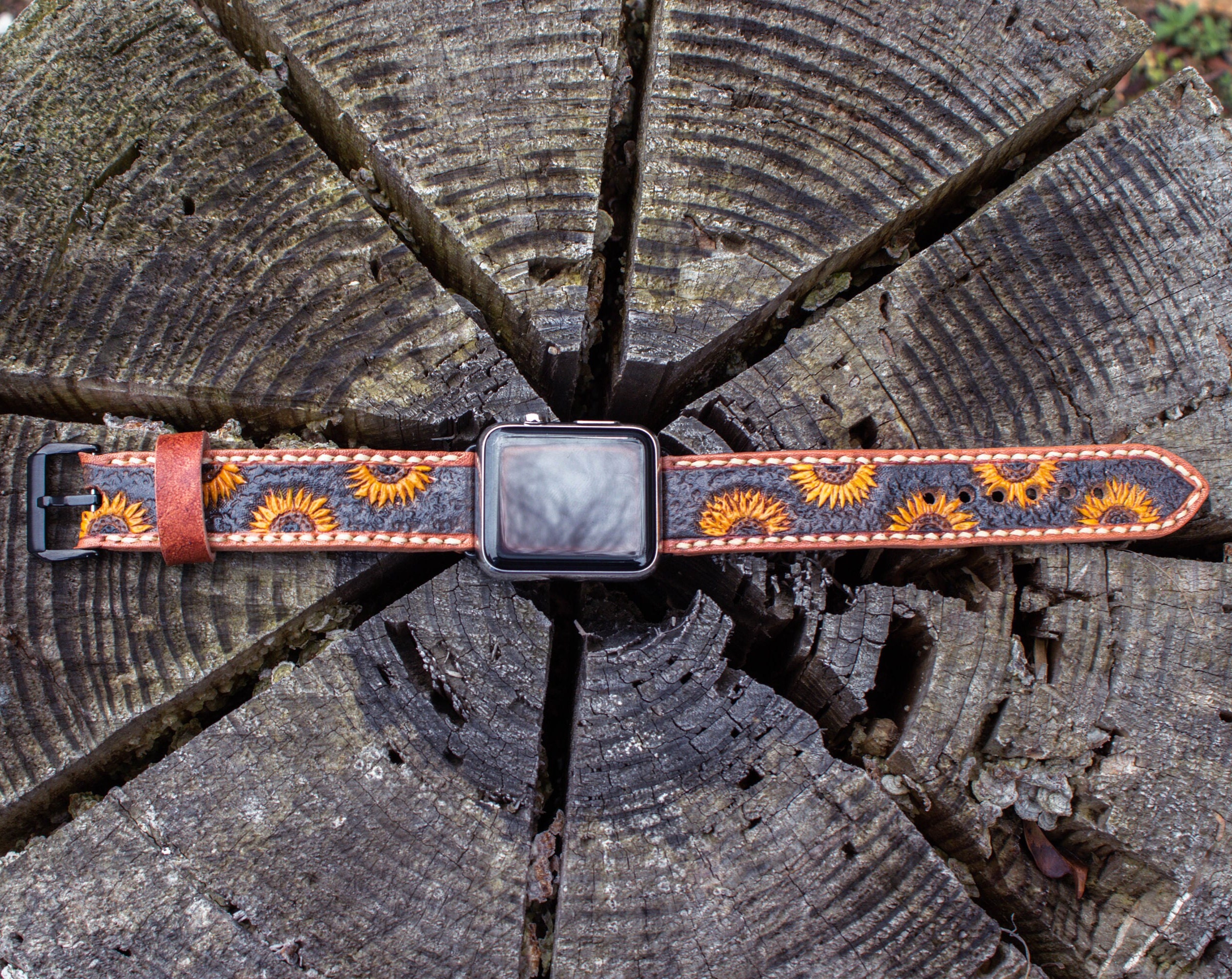Custom Sunflower Tooled & Painted Leather Watch Band 