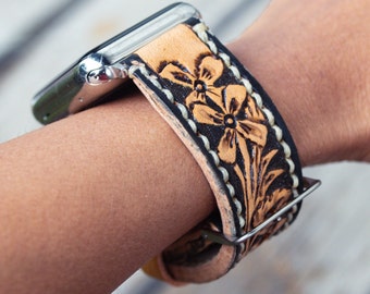 Tooled Leather Apple Watch Band: Custom Western Floral Design, Handmade Personalized Watch straps