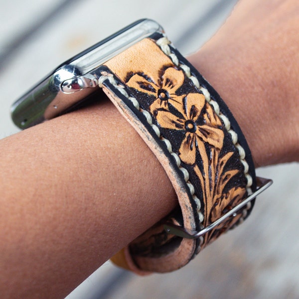 Correa de cuero repujado para Apple Watch: diseño floral occidental personalizado, correas de reloj personalizadas hechas a mano