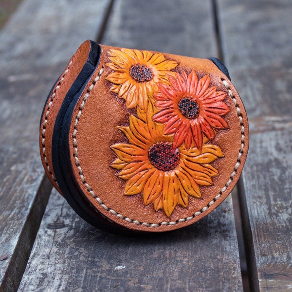 Hand tooled Sunflower Coin purse,Handmade Leather Carved mini coin case,Personalized Round leather coin pouch,Yellow wallets,Gift for her