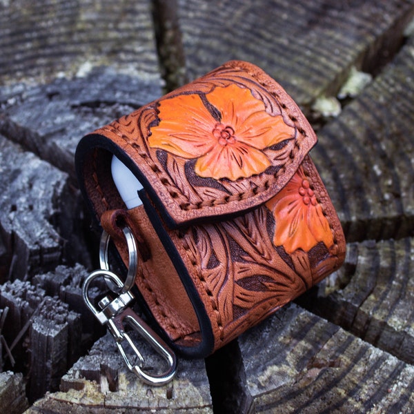 Hand tooled leather AirPod Case, Genuine Leather AirPods cover, Handmade Leather carved AirPod case, Ear pods Case, carved AirPod holder