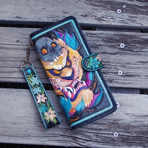 Cartera de cuero genuino labrado, cartera gótica tallada a mano, cartera de cuero de motocicleta, cartera de cuero labrado a mano, regalos para ella/él