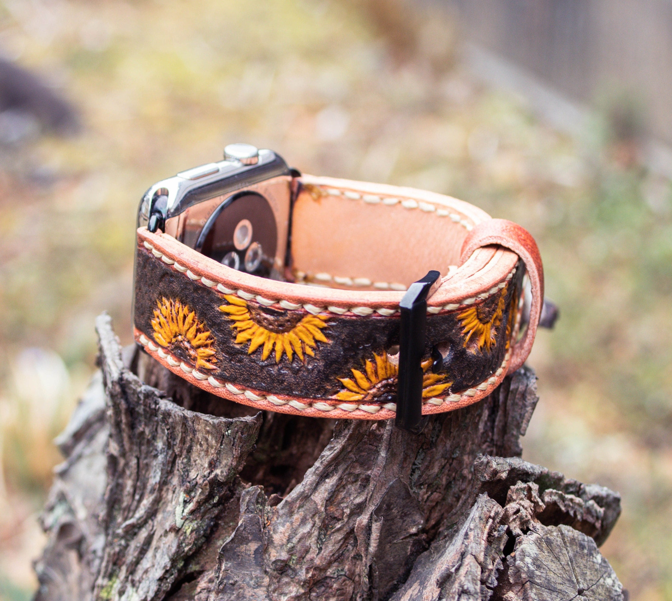 Custom Sunflower Tooled & Painted Leather Watch Band  display picture 1