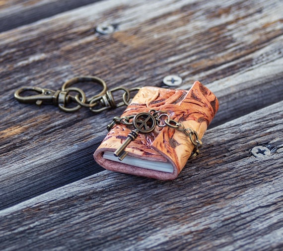 Handmade Tooled Leather Mini Book Keychain, Miniature Leather