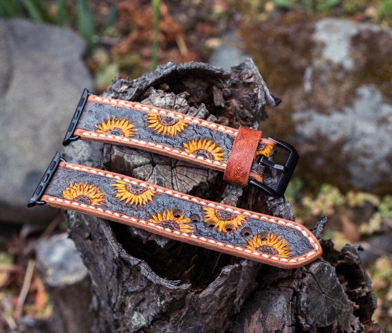 Custom Sunflower Tooled & Painted Leather Watch Band  display picture 1