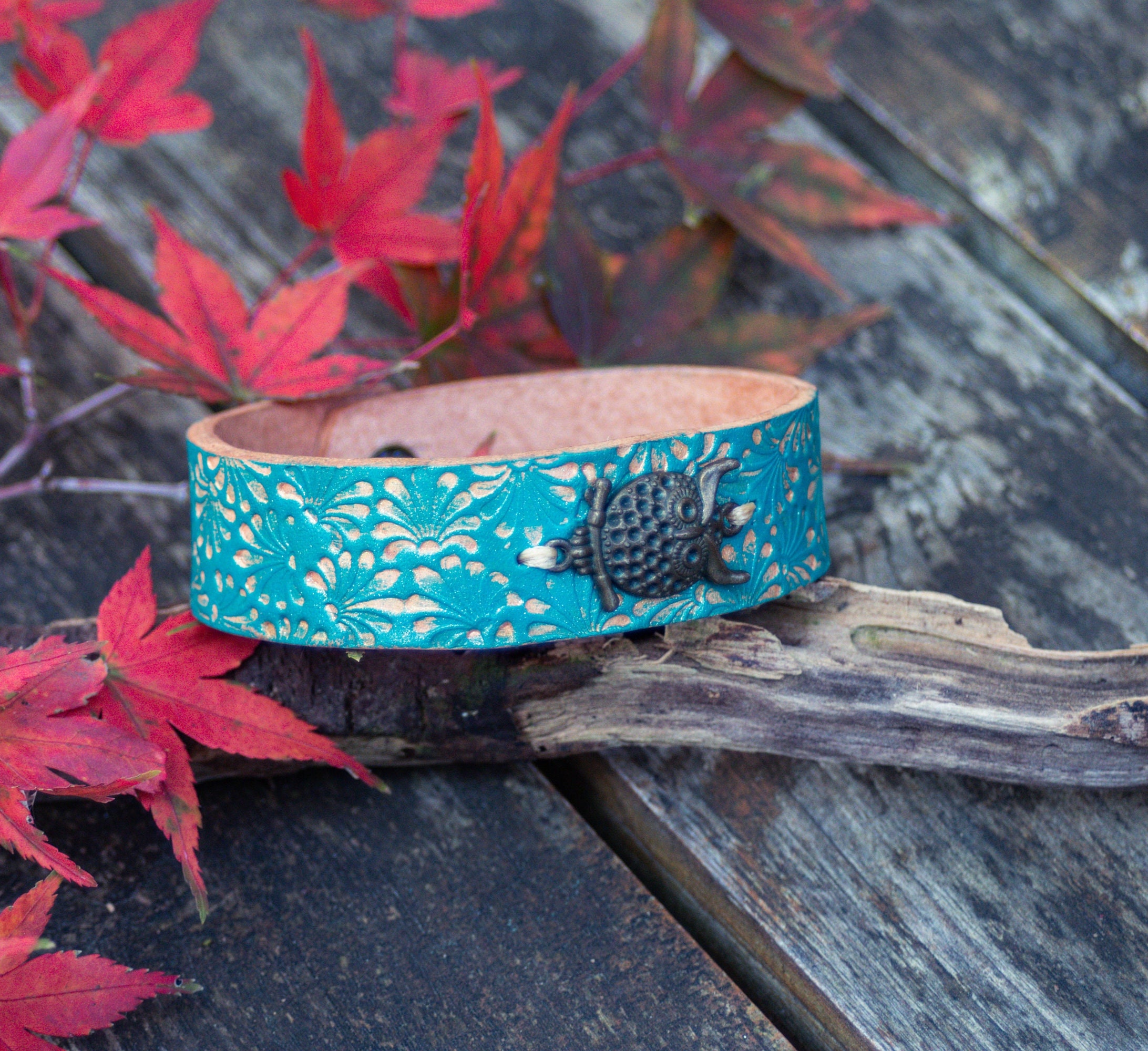 Hand Tooled Leather Owl Bracelet: Teal Rustic Cuff