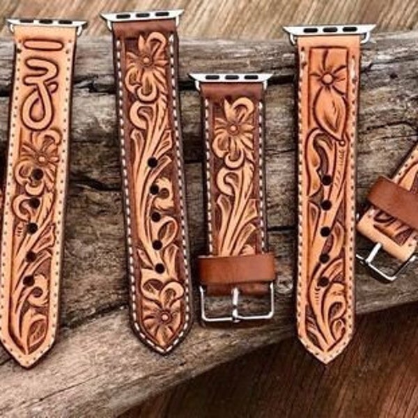Custom Design western floral Tooled & Painted Leather Watch Band,Leather carved Apple Watch Band,Handmade Custom  apple Watch Strap,handmade