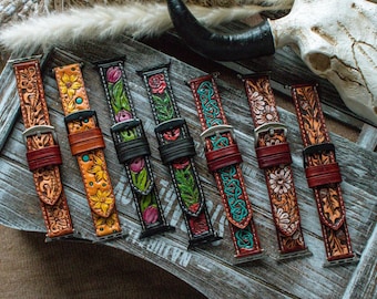 Correa de cuero repujado personalizada para Apple Watch, correa para iWatch con diseño floral estilo western tallada a mano, regalo de correa de reloj de cuero floral, correa de reloj personalizada