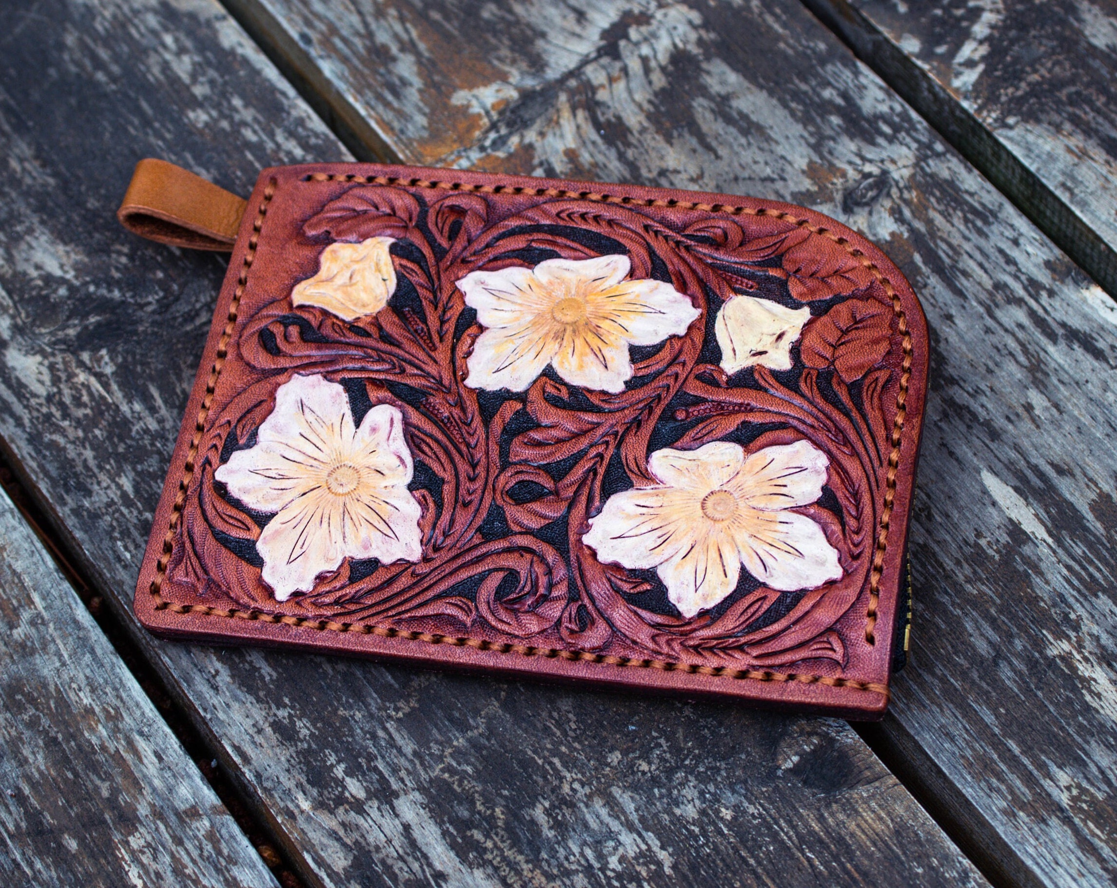 Handmade L Shaped Fastener Half-zip Wallet,leather Tooled Coin 